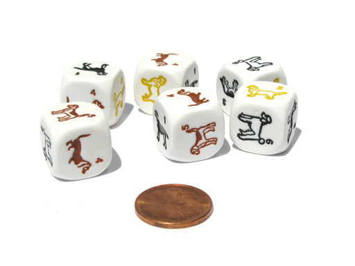 Set of 6 Dog Dice - 16mm D6 Round Edge - White with Multi-Color Etched Animals