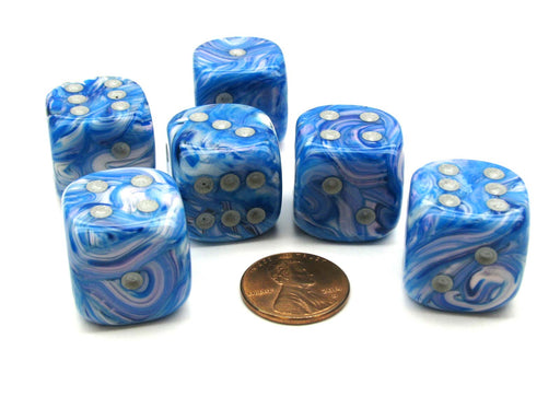 Mother of Pearl 20mm Big D6 Chessex Dice, 6 Pieces - Blue with Silver Pips