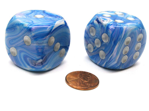 Mother of Pearl 30mm Large D6 Chessex Dice, 2 Pieces - Blue with Silver Pips