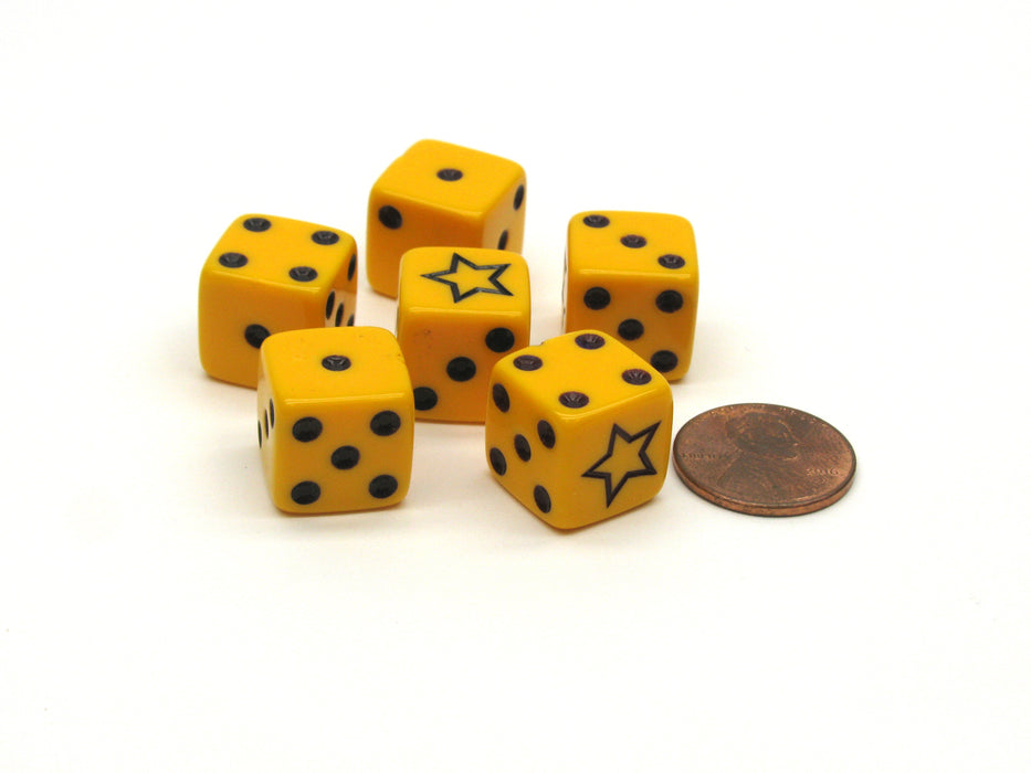 Opaque 14mm D6 Star Dice, 6 Pieces - Yellow with Black Pips and Star