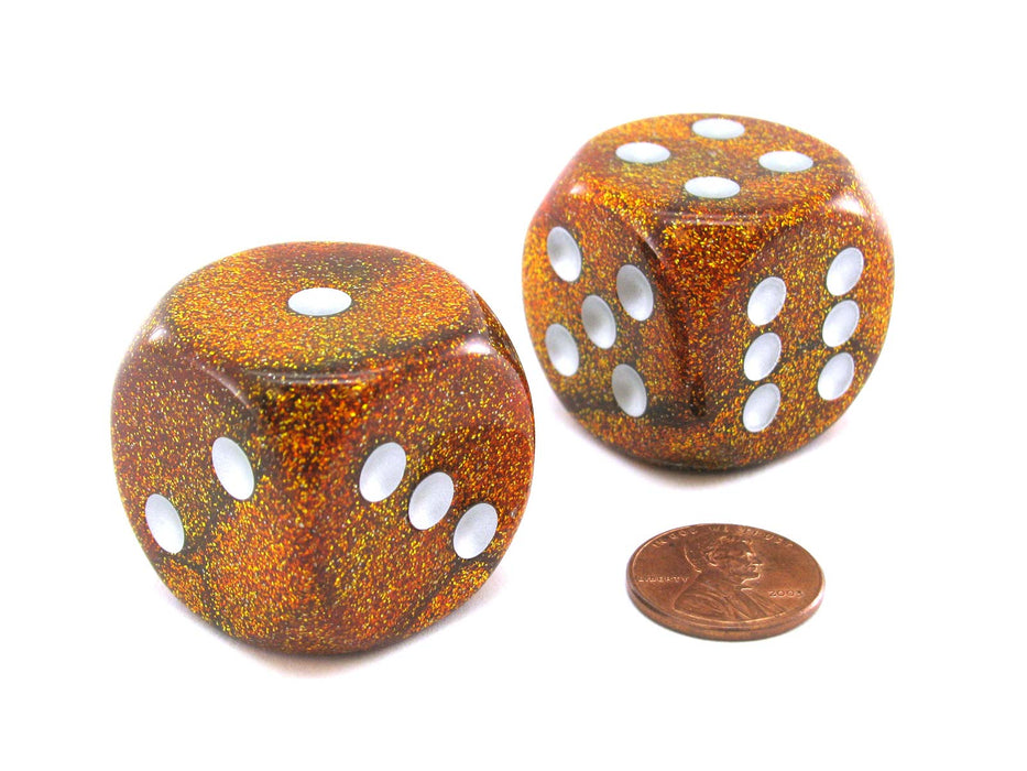 Glitter 30mm Large D6 Chessex Dice, 2 Pieces - Gold with Silver Pips
