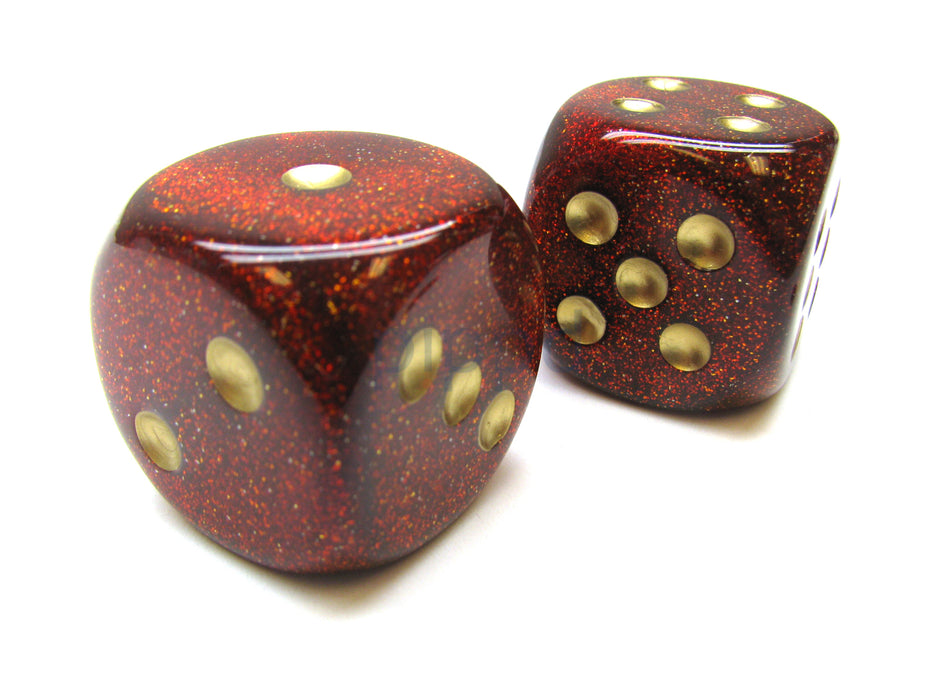 Glitter 30mm Large D6 Chessex Dice, 2 Pieces - Ruby with Gold Pips