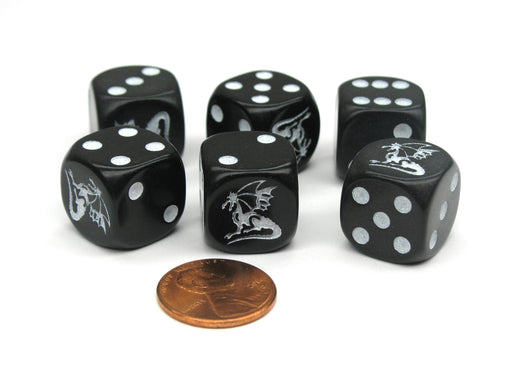 Set of 6 Dragon 16mm D6 Round Edge Creature Dice - Black with White Pips
