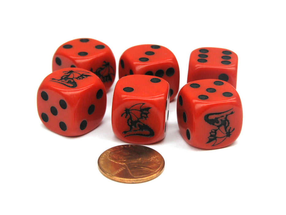 Set of 6 Dragon 16mm D6 Round Edge Creature Dice - Red with Black Pips