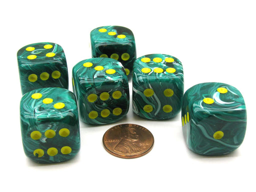 Vortex 20mm Big D6 Chessex Dice, 6 Pieces - Malachite Green with Yellow Pips
