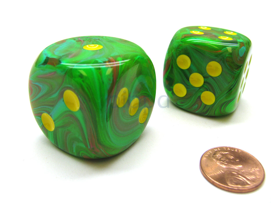 Vortex 30mm Large D6 Chessex Dice, 2 Pieces - Slime with Yellow Pips