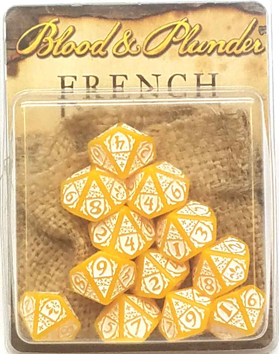 Blood & Plunder Pack of 12 D10 French Nationality Dice - Yellow with White