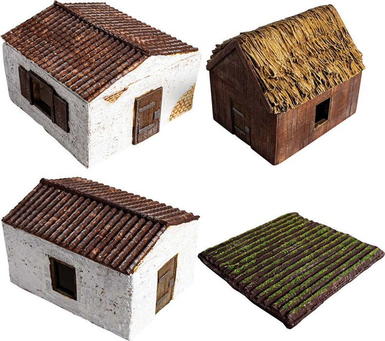Blood & Plunder Village Bundle - 2 Tiled Houses, 1 Thatch House, and 1 Farmland