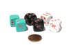 Set of 6 Flamingo 16mm Dice - 2 Each of Black, Aqua, and White with Pink Pips