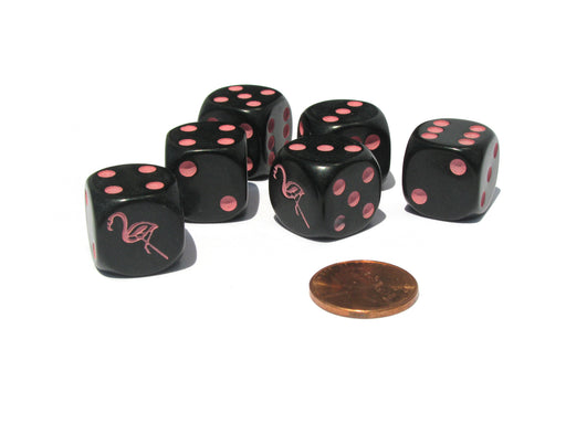 Set of 6 Flamingo 16mm D6 Round Edged Animal Dice - Black with Pink Pips