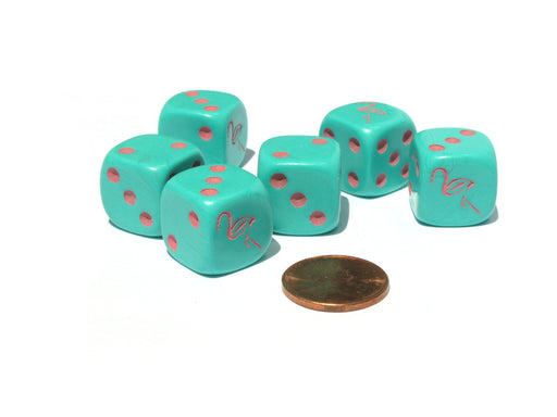 Set of 6 Flamingo 16mm D6 Round Edged Animal Dice - Aqua with Pink Pips