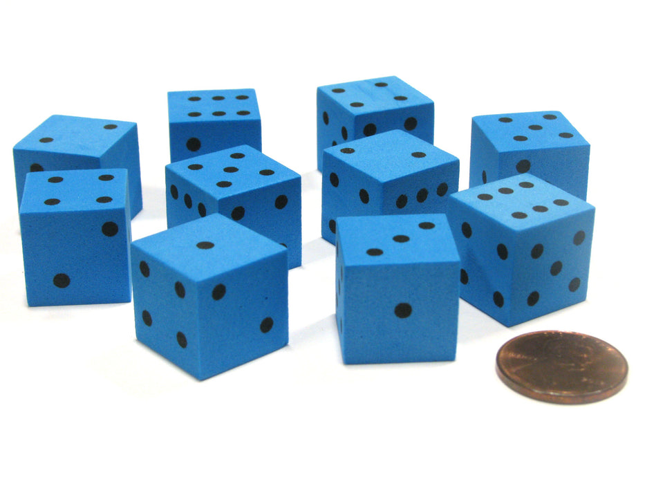 Set of 10 D6 16mm Foam Dice with Square Corners - Blue with Black Spots