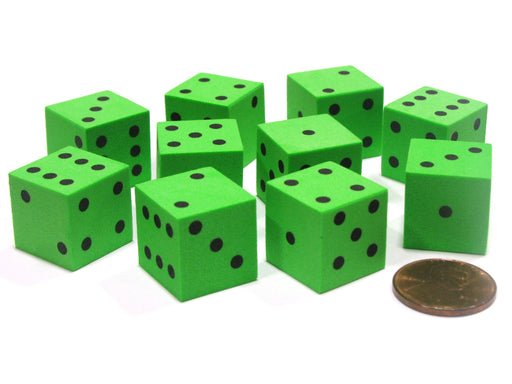 Set of 10 D6 16mm Foam Dice with Square Corners - Green with Black Spots