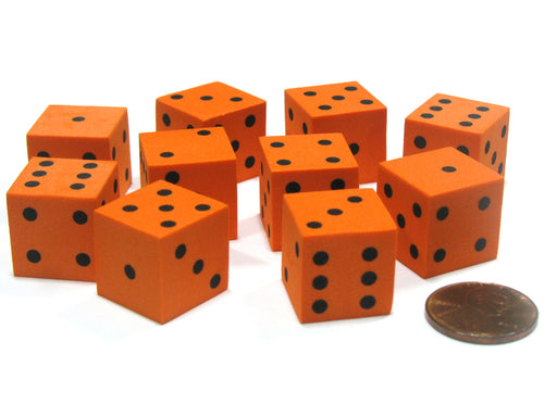 Set of 10 D6 16mm Foam Dice with Square Corners - Orange with Black Spots