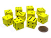 Set of 10 D6 16mm Foam Dice with Square Corners - Yellow with Black Spots