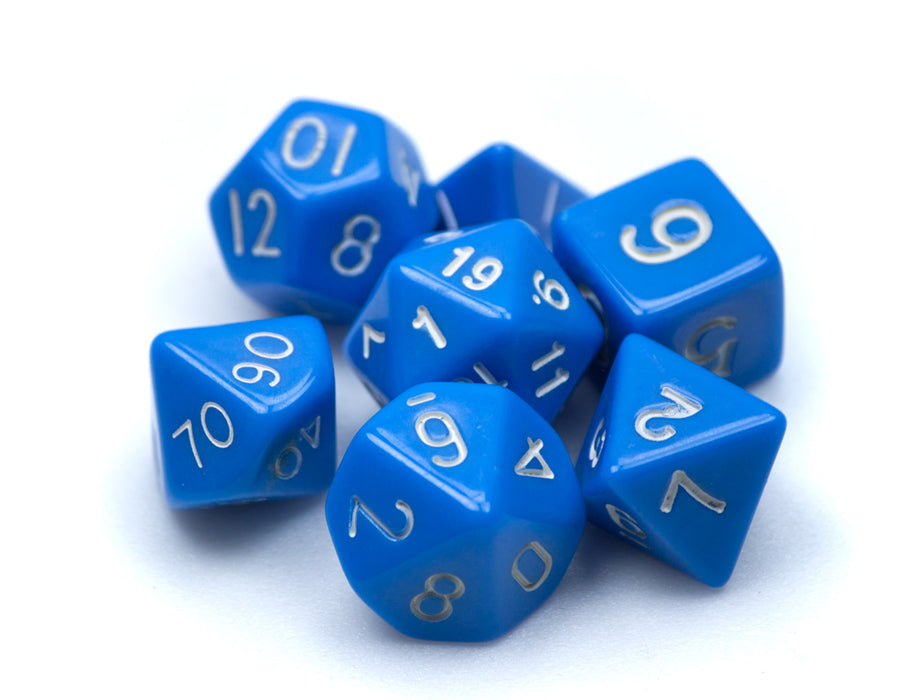Wiz Dice 7 Die Polyhedral Dice Set in Velvet Pouch - Opaque Blue