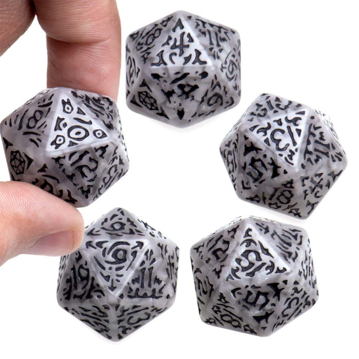 Pack of 5 Jumbo D20 Battle-Scarred RPG Dice - Clear with Black Etches