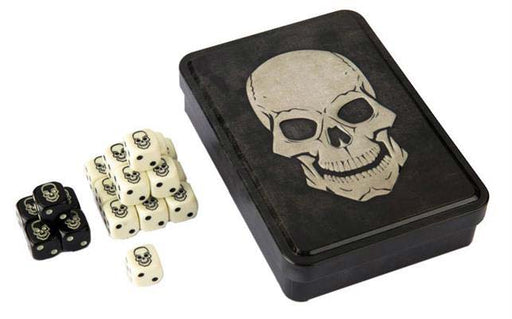 Set of 20 Six-Sided Skull Dice in Tin Case - 15 Ivory Dice, 5 Black Dice