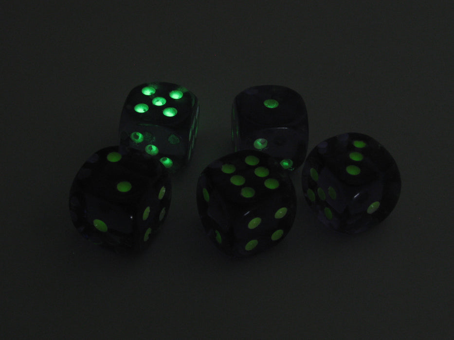 Set of 5 16mm D6 Glow In the Dark Spots Dice in Tube - Yellow