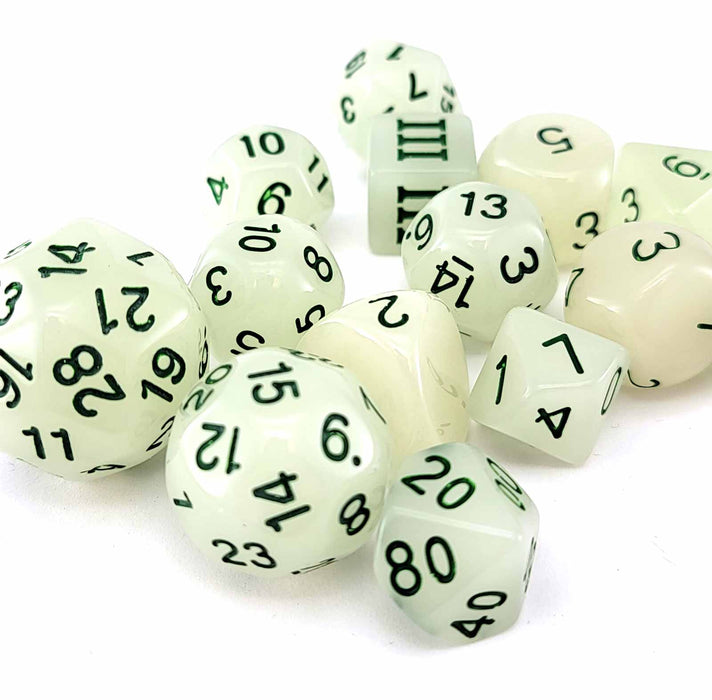 Dungeon Crawl Classics Glow in the Dark Dice, 14 Pieces - Chaotic Wizard Glow