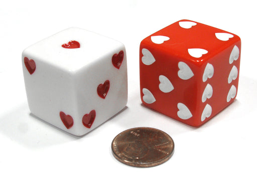 Set of 2 Heart Pip D6 25mm Large Opaque Jumbo Love Dice - 1 Red and 1 White