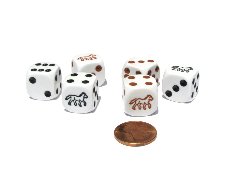 Set of 6 Horse 16mm Animal Dice - White with 3 Black and 3 Brown Pips