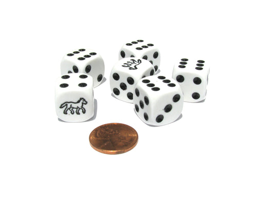 Set of 6 Horse 16mm D6 Round Edged Animal Dice - White with Black Pips