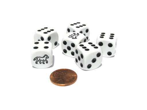 Set of 6 Horse 16mm D6 Round Edged Animal Dice - White with Black Pips