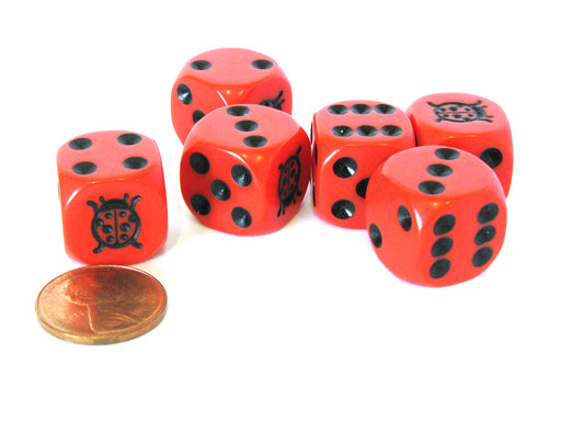 Set of 6 Ladybug 16mm D6 Round Edged Animal Dice - Red with Black Pips