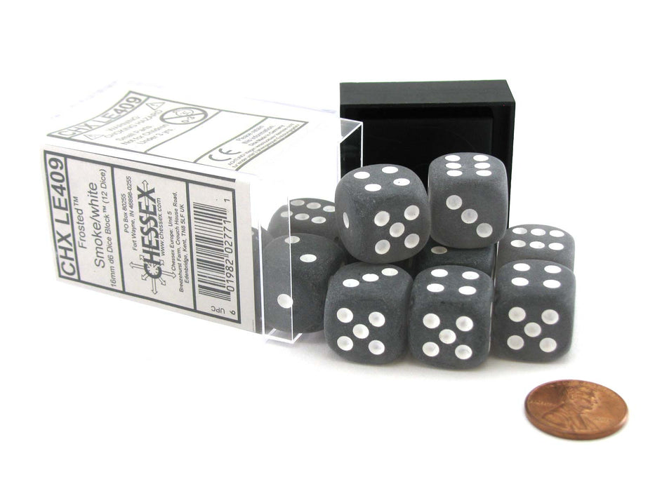 Frosted 16mm D6 Chessex Dice Block (12 Dice) - Smoke with White Pips