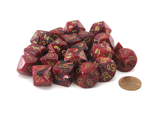 Bag of 20 Vortex Polyhedral Dice - Burgundy with Gold Numbers