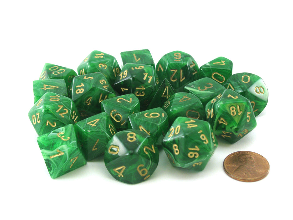 Bag of 20 Vortex Polyhedral Dice - Green with Gold Numbers