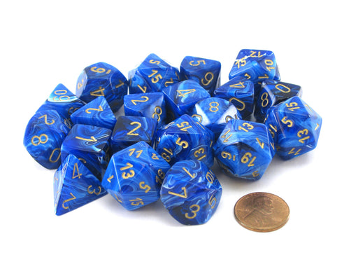 Bag of 20 Vortex Polyhedral Dice - Blue with Gold Numbers