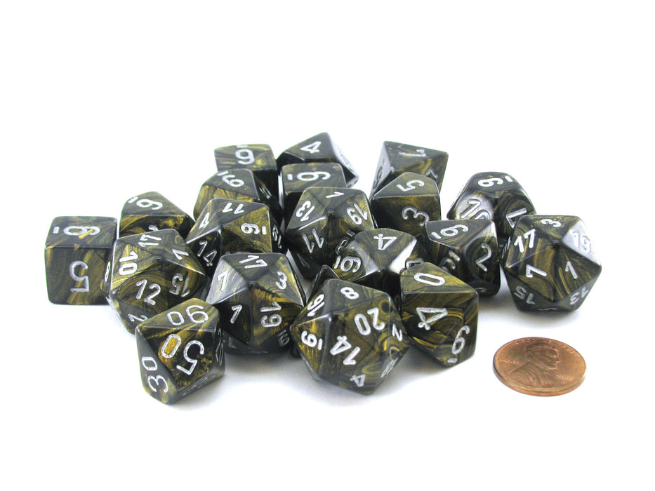 Bag of 20 Leaf Polyhedral Dice - Black-Gold with Silver Numbers