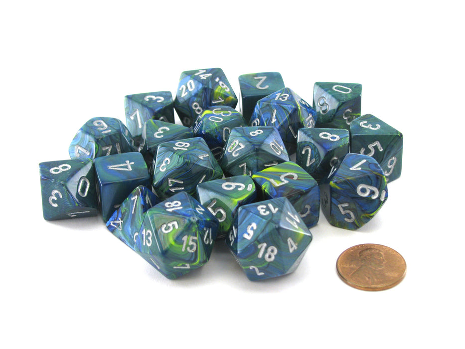 Bag of 20 Festive Polyhedral Dice - Green with Silver Numbers