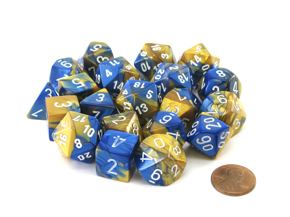 Bag of 20 Gemini Polyhedral Dice - Blue-Gold with White Numbers
