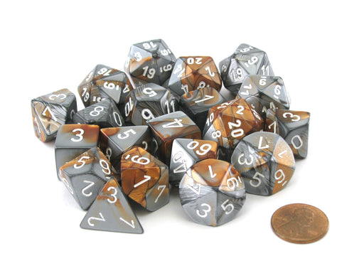 Bag of 20 Gemini Polyhedral Dice- Copper-Steel with White Numbers
