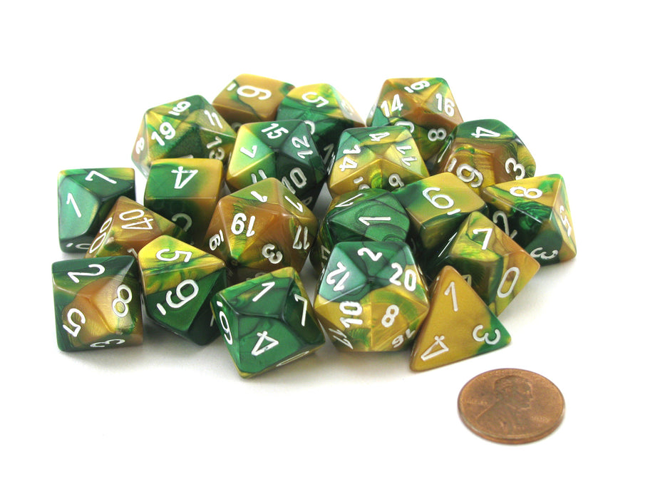 Bag of 20 Gemini Polyhedral Dice - Gold-Green with White Numbers