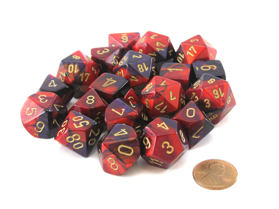 Bag of 20 Gemini Polyhedral Dice - Purple-Red with Gold Numbers