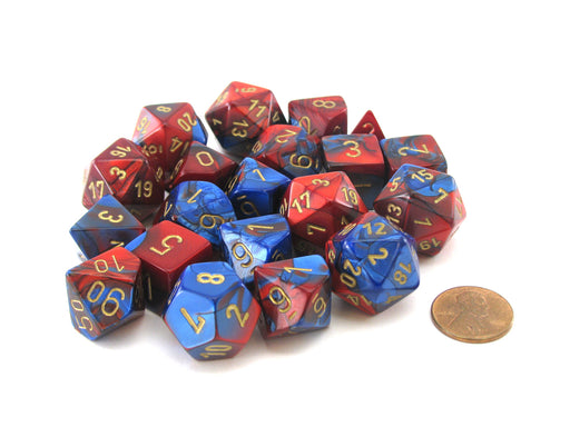 Bag of 20 Gemini Polyhedral Dice - Blue-Red with Gold Numbers