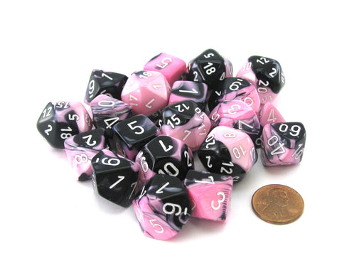 Bag of 20 Gemini Polyhedral Dice - Black-Pink with White Numbers
