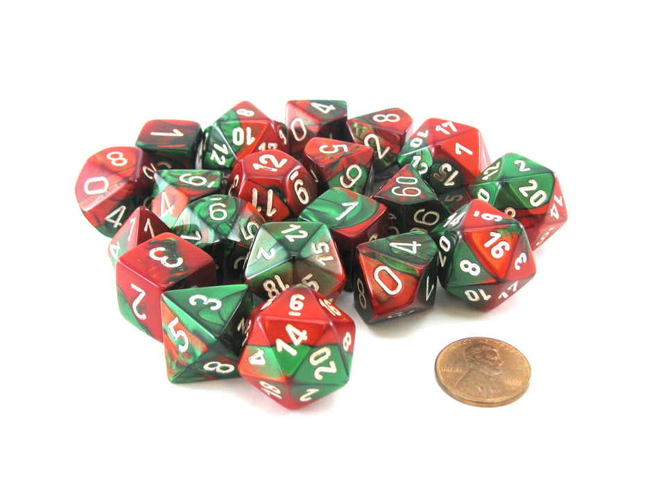 Bag of 20 Gemini Polyhedral Dice - Green-Red with White Numbers