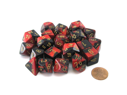 Bag of 20 Gemini Polyhedral Dice - Black-Red with Gold Numbers
