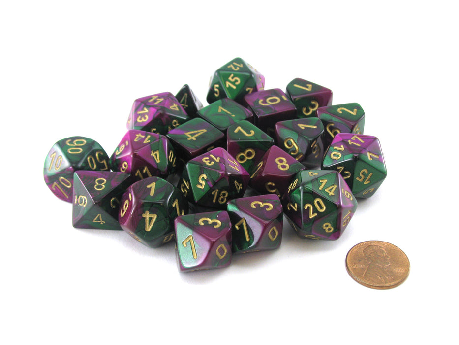 Bag of 20 Gemini Polyhedral Dice - Green-Purple with Gold Numbers