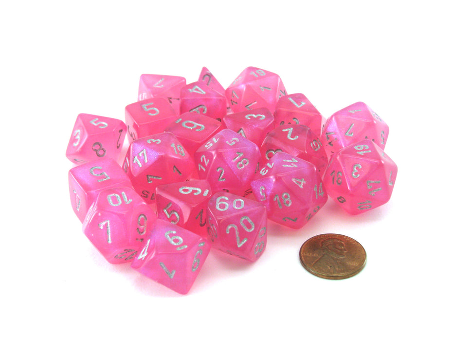 Bag of 20 Borealis Polyhedral Dice - Pink with Silver Numbers
