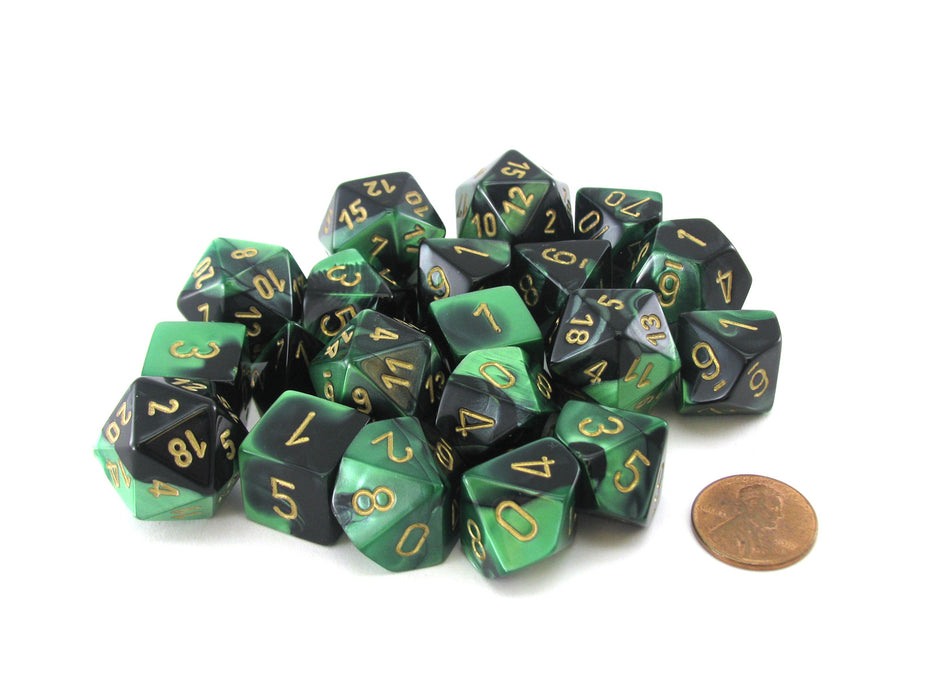 Bag of 20 Gemini Polyhedral Dice - Black-Green with Gold Numbers