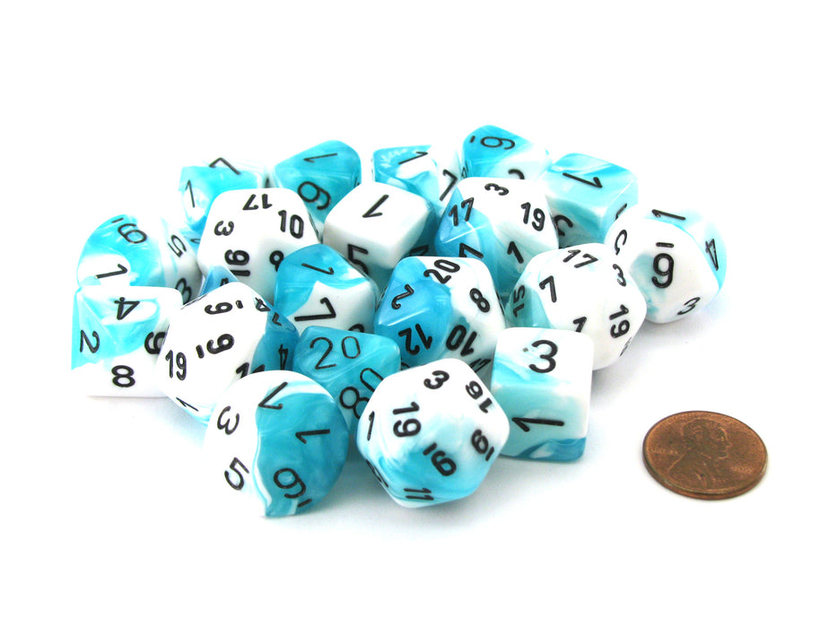 Bag of 20 Gemini Polyhedral Dice - Teal-White with Black Numbers