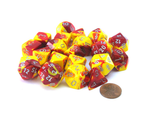 Bag of 20 Gemini Polyhedral Dice - Red-Yellow with Silver Numbers