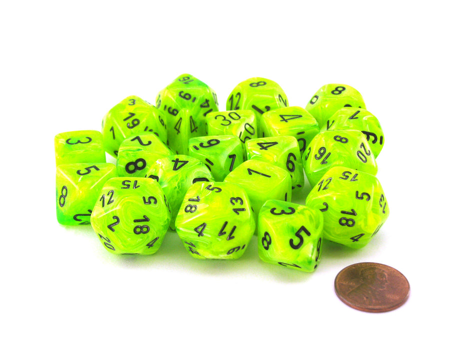 Bag of 20 Vortex Polyhedral Dice- Bright Green with Black Numbers