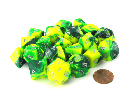 Bag of 20 Various Gemini Polyhedral Dice - Green-Yellow w/ Silver Pips & Numbers